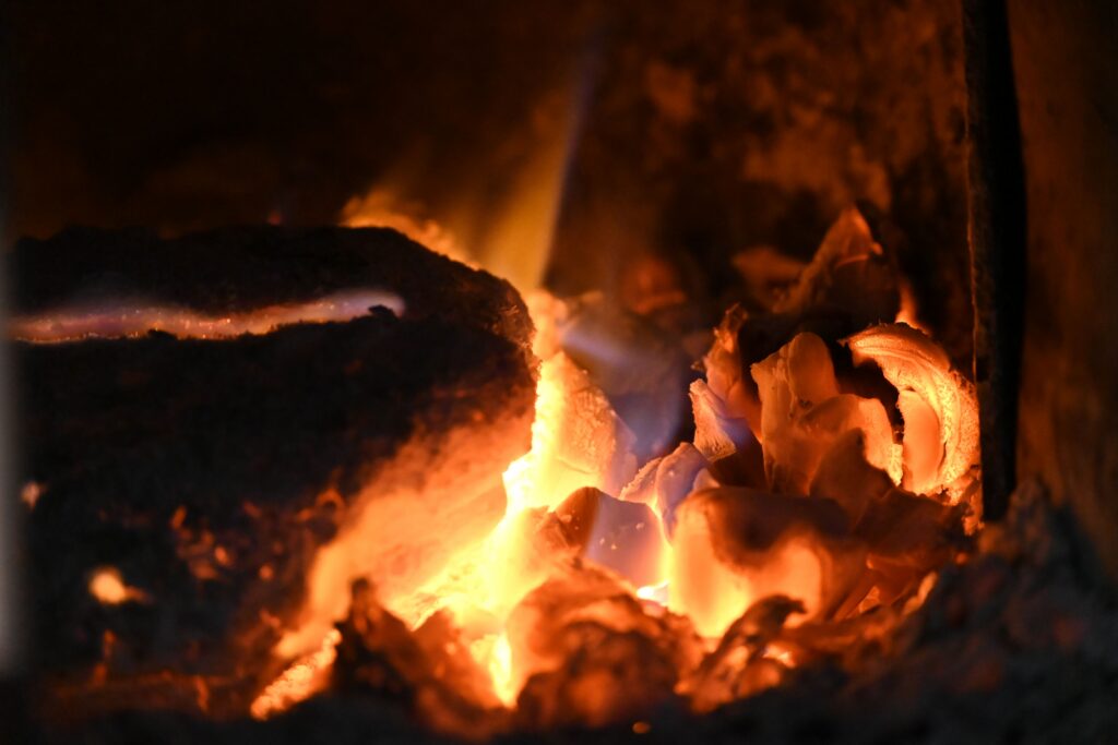 wood chips on fire
